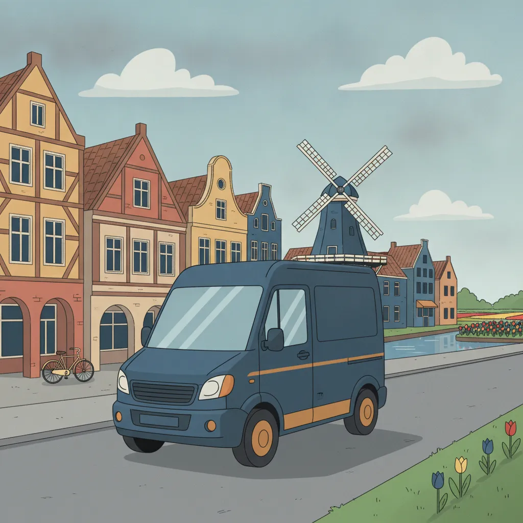 Comic-Illustration: kleiner Transporter fährt vom Münsteraner Prinzipalmarkt über die kurze Strecke zur niederländischen Grenze mit Windmühle und Grachtenhäusern - Beiladung in die Niederlande ab Münster
