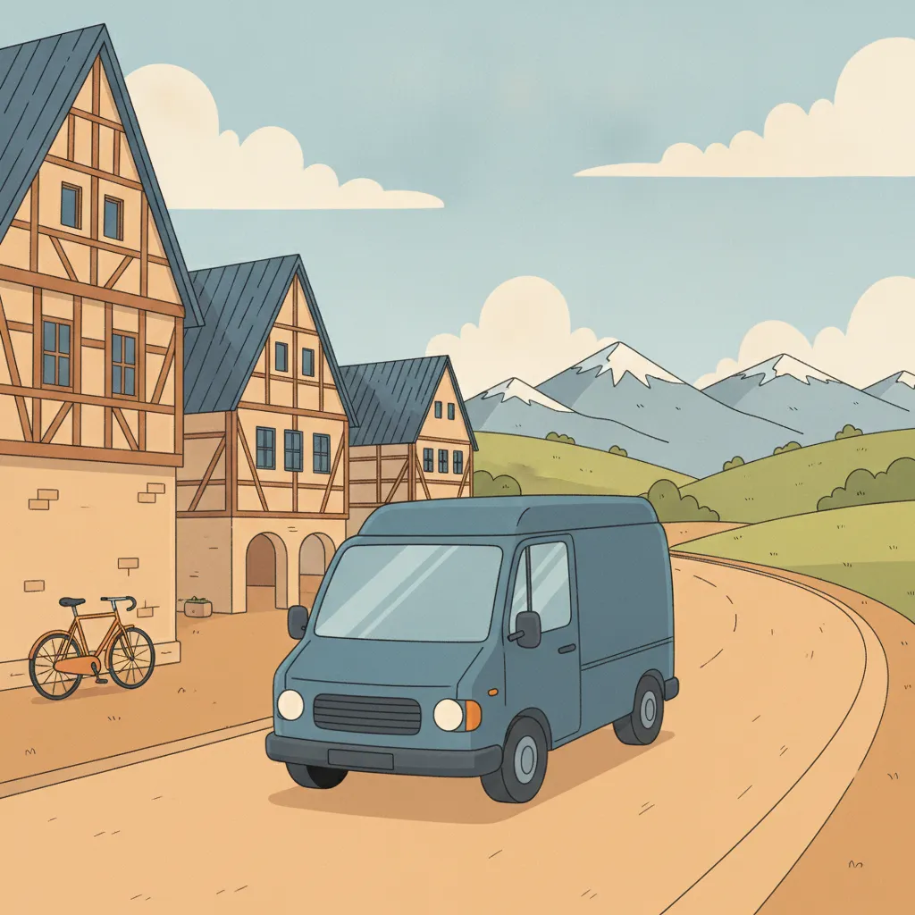 Comic-Illustration: kleiner stahlblauer Transporter fährt vom Münsteraner Prinzipalmarkt aus Richtung Schweizer Alpenpanorama - Beiladung in die Schweiz ab Münster
