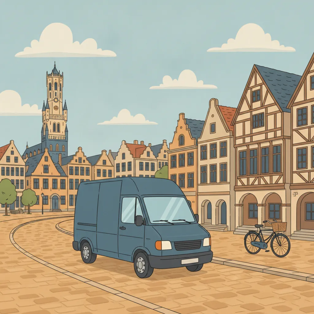 Comic-Illustration: kleiner Transporter fährt vom Münsteraner Prinzipalmarkt Richtung belgischem Stadtbild mit Stufengiebeln und Belfried - Beiladung nach Belgien ab Münster