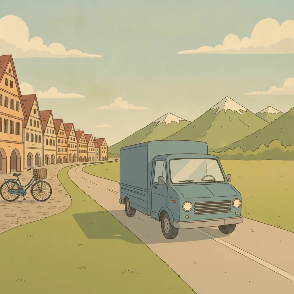 Comic-Illustration: kleiner Transporter fährt vom Münsteraner Prinzipalmarkt Richtung österreichischem Alpenpanorama - Beiladung nach Österreich ab Münster