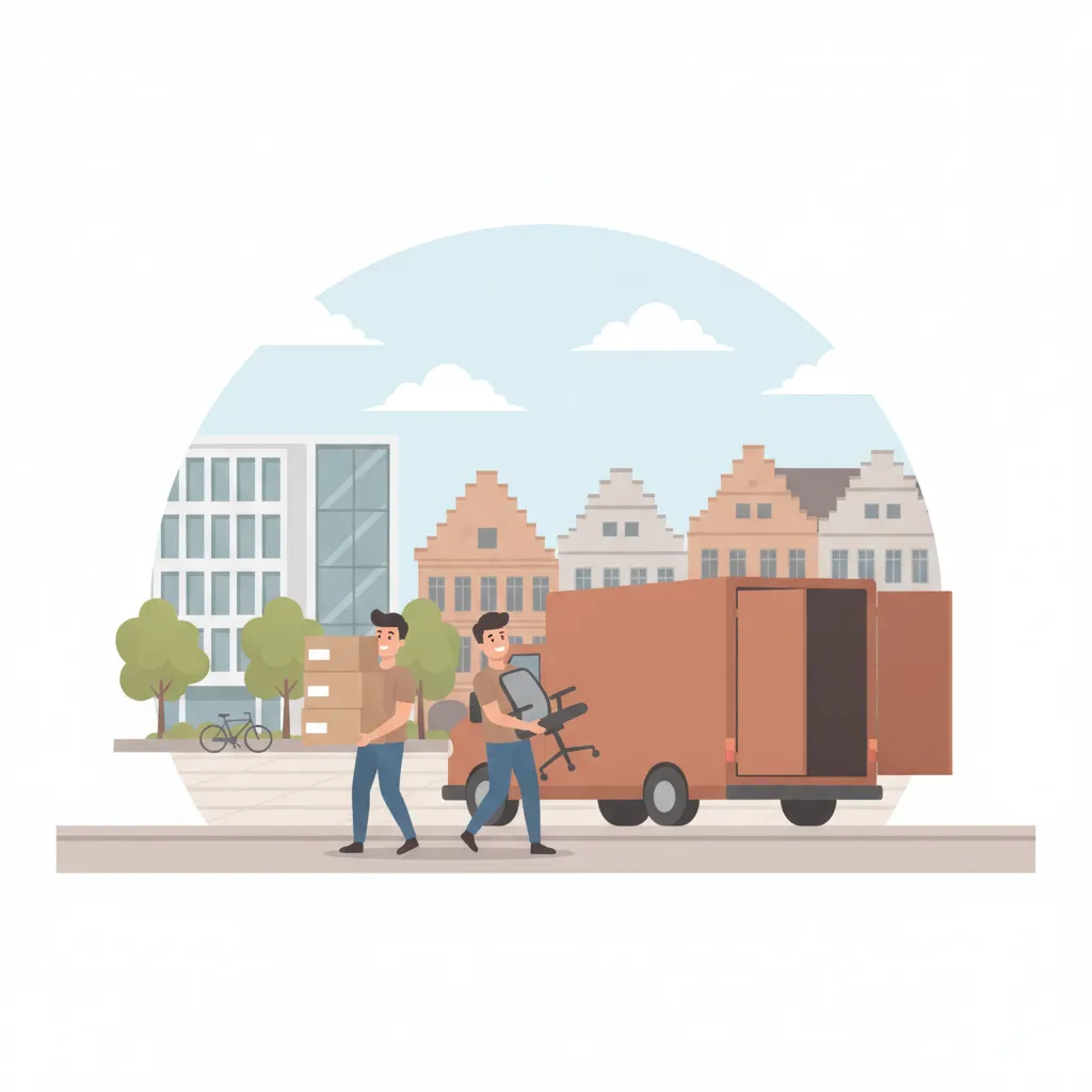 Comic-Illustration: zwei Träger verladen beschriftete Aktenkartons und einen Bürostuhl in einen geschlossenen Kastenwagen vor einem Münsteraner Bürogebäude, im Hintergrund Giebelhäuser und die grüne Promenade – Büroumzug in Münster