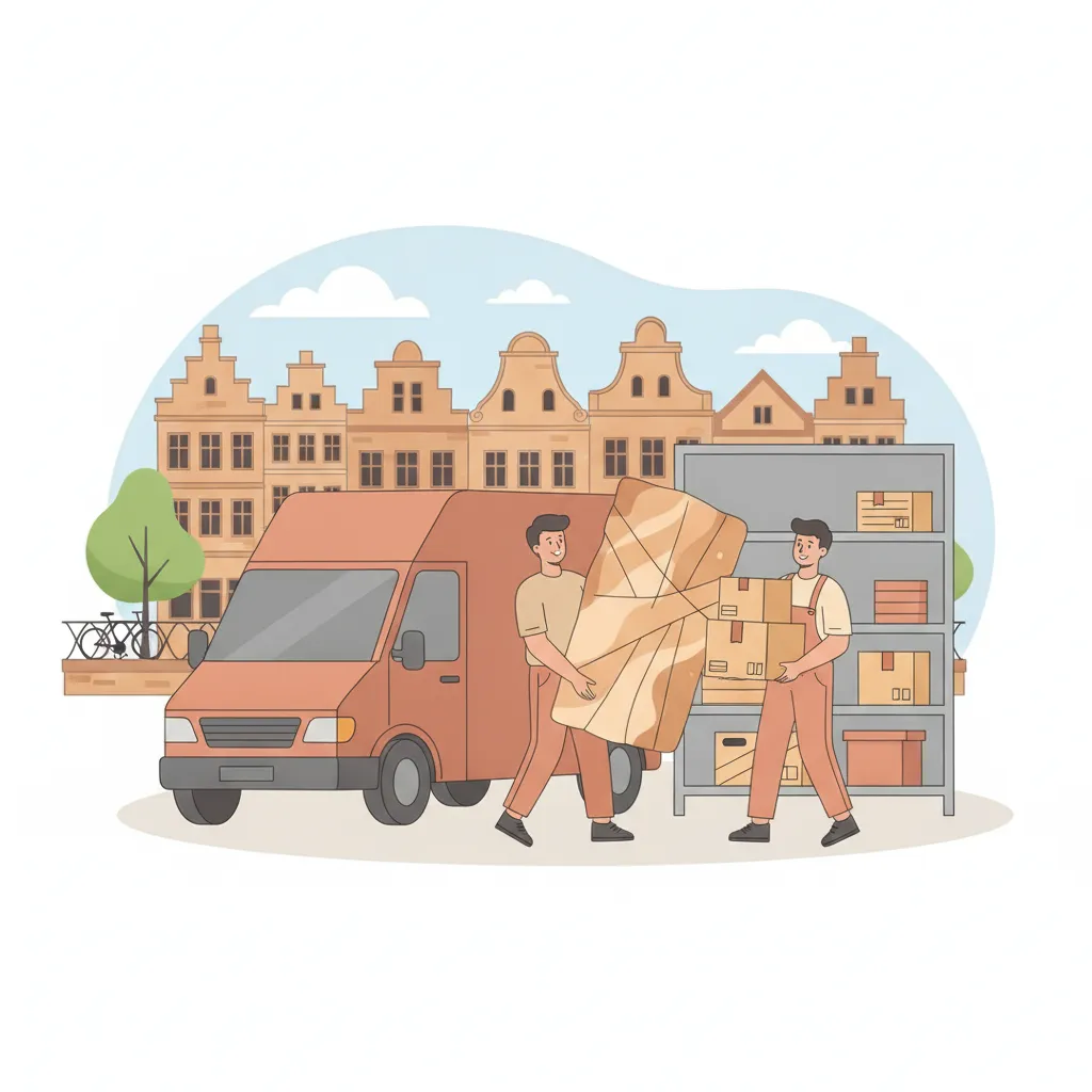 Comic-Illustration: zwei Helfer tragen gepolsterte Möbel und beschriftete Kartons aus einem geschlossenen Kastenwagen in ein trockenes Lager, im Hintergrund Münsteraner Giebelhäuser und die grüne Promenade – Einlagerung in Münster