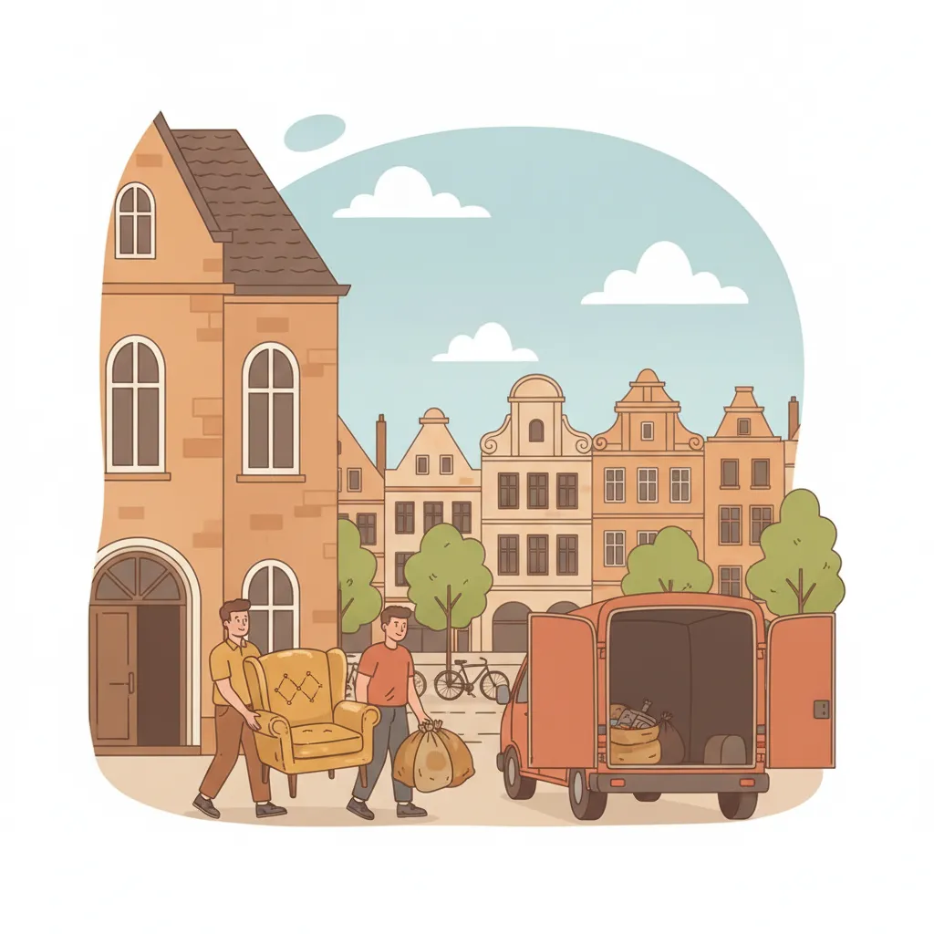 Comic-Illustration: zwei Helfer tragen alte Möbel und gefüllte Säcke aus einem Münsteraner Gründerzeit-Altbau zu einem geschlossenen Kastenwagen, im Hintergrund Giebelhäuser und die grüne Promenade – Entrümpelung in Münster