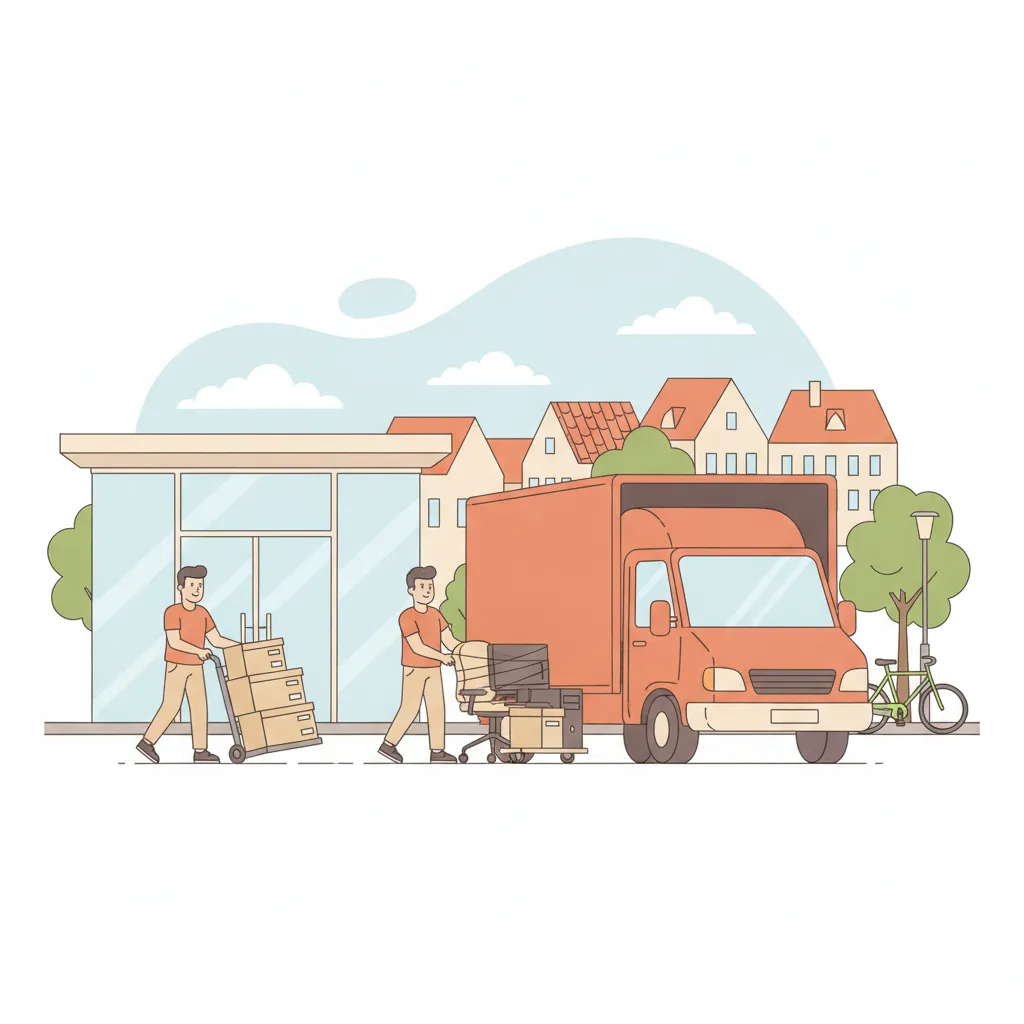 Comic-Illustration: zwei Helfer rollen Bürostühle und einen Aktenrollwagen aus einem modernen Geschäftshaus zu einem Transporter, im Hintergrund Münsteraner Giebel und Promenade-Bäume – Firmenumzug Münster