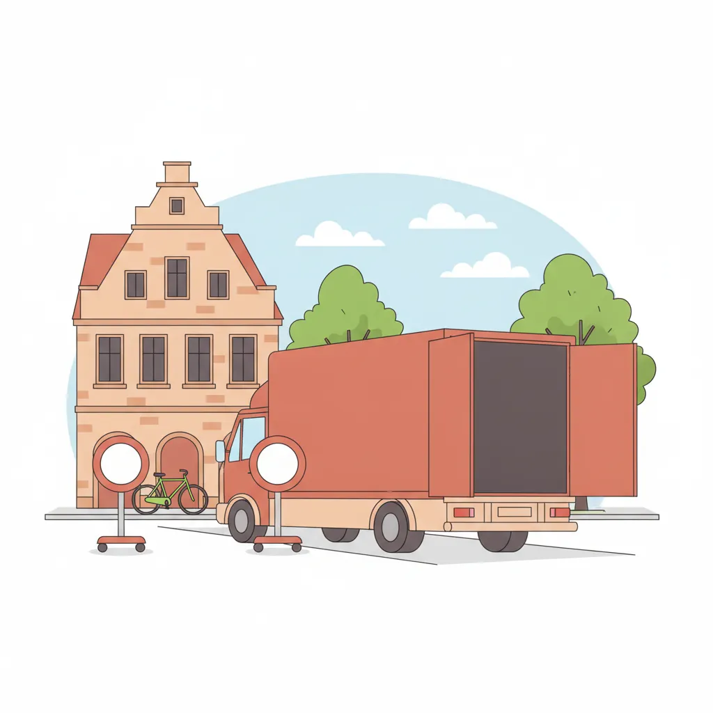 Comic-Illustration: zwei mobile Halteverbotsschilder stehen vor einem Münsteraner Giebelhaus mit Arkaden, dahinter ein Umzugs-Lkw mit freiem Halteplatz, eine Leeze am Bordstein – Halteverbotszone Umzug Münster