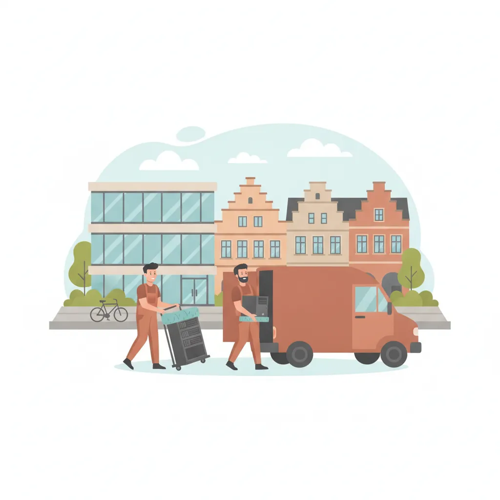 Comic-Illustration: zwei Techniker tragen einen gepolsterten Serverschrank und IT-Geräte aus einem geschlossenen Kastenwagen, im Hintergrund ein Münsteraner Bürogebäude mit Giebelhäusern und grüner Promenade – IT-Umzug in Münster