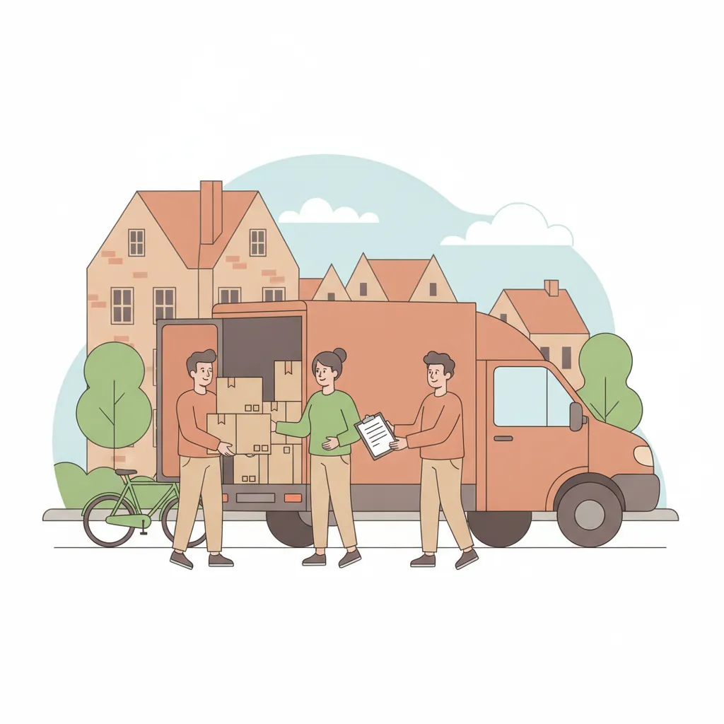 Comic-Illustration: zwei Helfer laden Umzugskartons in einen Transporter vor einem Münsteraner Mietshaus, einer reicht ein Dokument mit Kostenvoranschlag weiter, im Hintergrund Giebel und Promenade-Bäume – Jobcenter-Umzug Münster