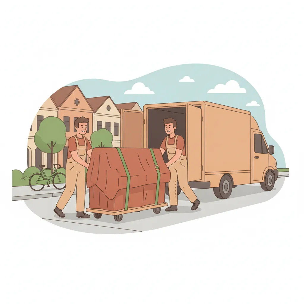 Comic-Illustration: zwei Träger bewegen ein aufrechtes Klavier auf Klavierrollen und mit Tragegurten zum Transporter vor einem Münsteraner Giebelhaus mit Arkaden, eine Leeze am Bordstein – Klaviertransport Münster