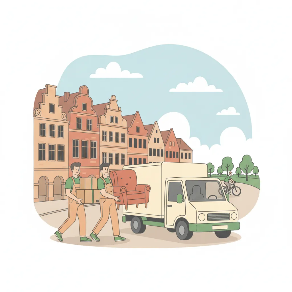 Comic-Illustration: zwei Träger verladen einen Sessel und ein paar Umzugskartons in einen geschlossenen Kastenwagen vor den Giebel-Arkaden des Münsteraner Prinzipalmarkts, im Hintergrund eine Fahrradfahrerin auf der grünen Promenade – Kleintransport in Münster