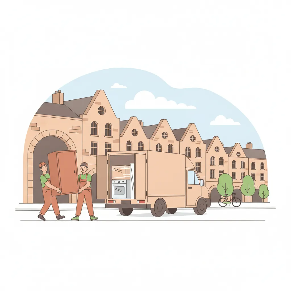 Comic-Illustration: zwei Helfer tragen einen Küchen-Hängeschrank und eine verpackte Spüle aus einem Münsteraner Altbau zum Transporter, im Hintergrund Giebelhäuser mit Arkaden und Promenade-Bäume – Küchenumzug Münster