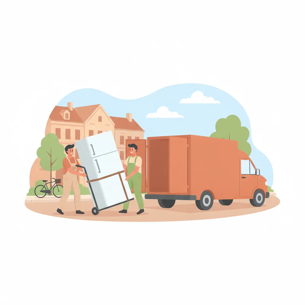 Comic-Illustration: zwei Helfer transportieren einen stehenden Kühlschrank auf einer Sackkarre zum Transporter vor Münsteraner Giebelhäusern mit Arkaden, eine Leeze am Bordstein – Kühlschrank-Transport Münster