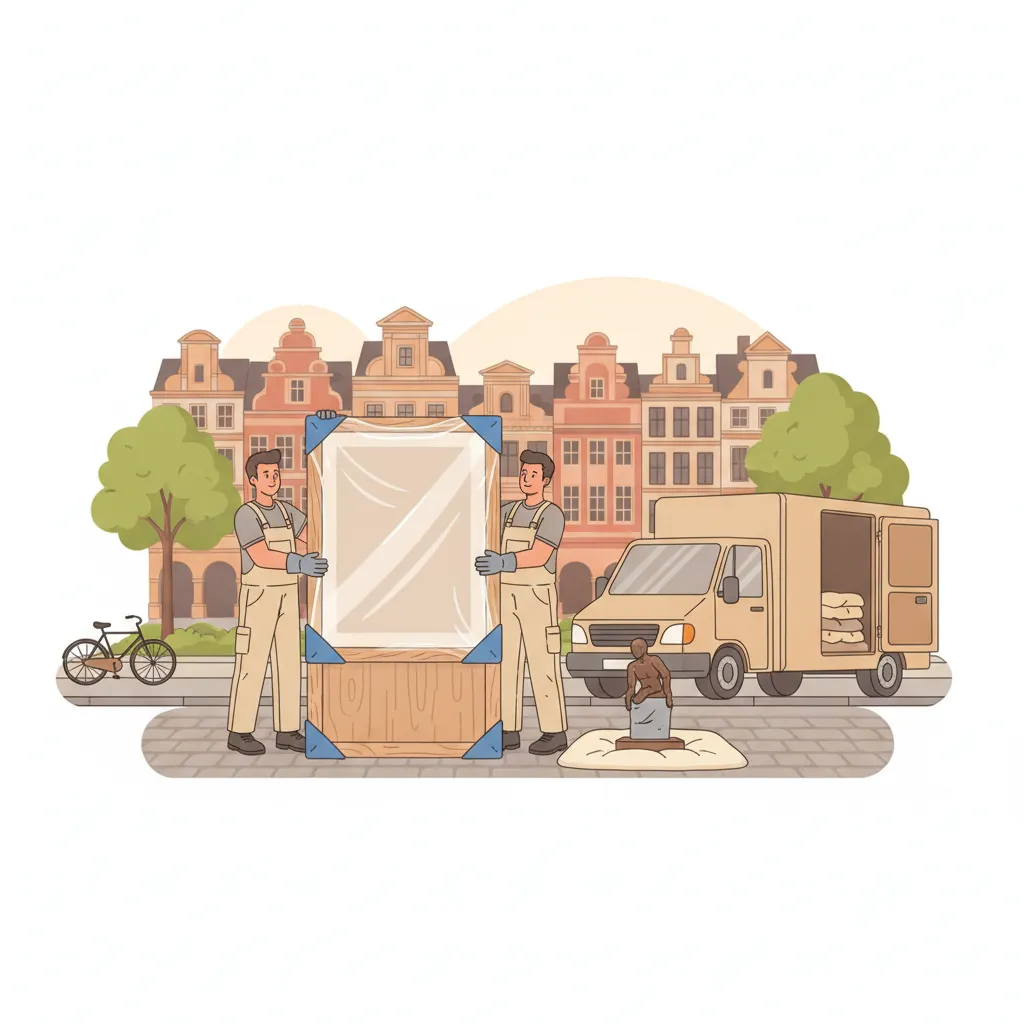 Comic-Illustration: zwei Träger tragen ein in Luftpolster und Holzkiste verpacktes gerahmtes Gemälde aufrecht zu einem geschlossenen Transporter vor den Giebel-Arkaden des Münsteraner Prinzipalmarkts, eine Leeze am Rand – Kunsttransport in Münster