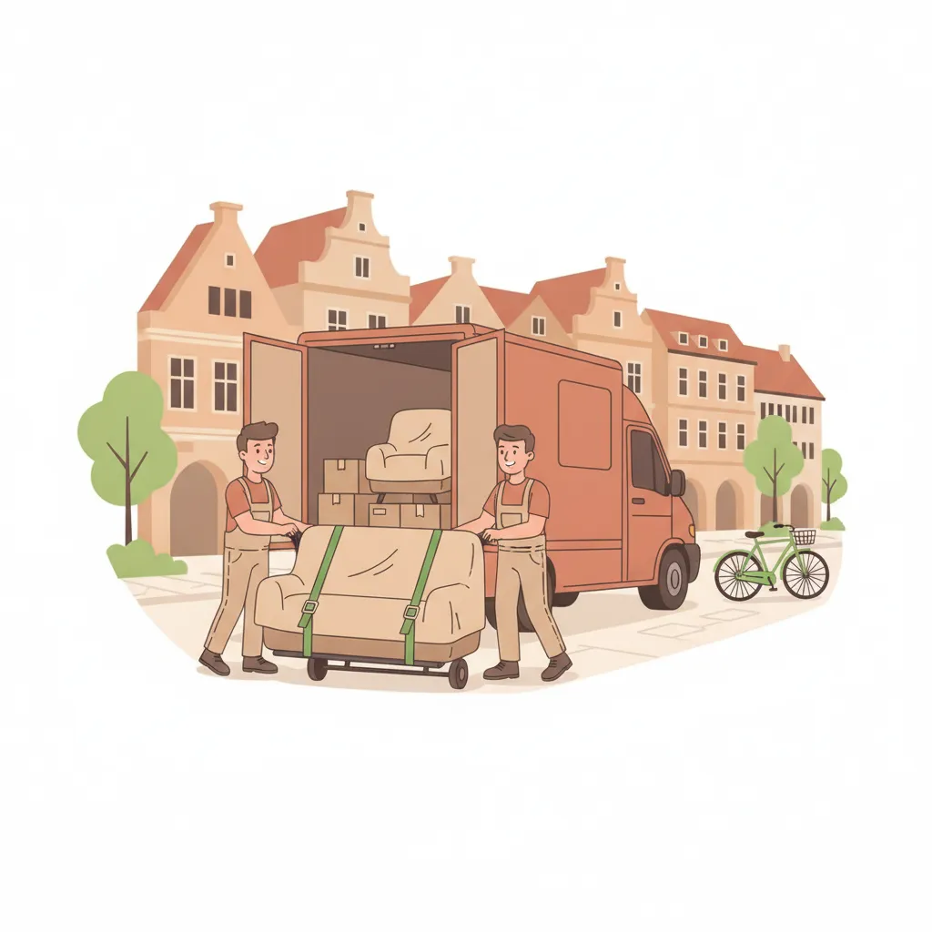 Comic-Illustration: zwei Helfer schieben ein eingepacktes Sofa auf einer Sackkarre in einen halb beladenen Transporter vor Münsteraner Giebelhäusern mit Arkaden, im Vordergrund eine Leeze am Bordstein – Möbelmitfahrzentrale Münster