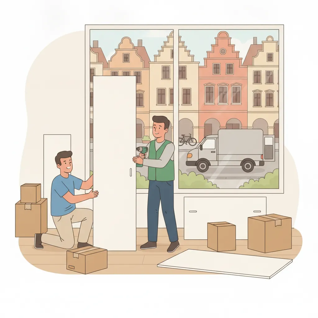 Comic-Illustration: zwei Monteure bauen einen großen Kleiderschrank in einer hellen Münsteraner Altbauwohnung zusammen, Akkuschrauber und Flatpack-Kartons daneben, im Hintergrund die Giebel-Arkaden des Prinzipalmarkts und eine Leeze – Möbelmontage in Münster