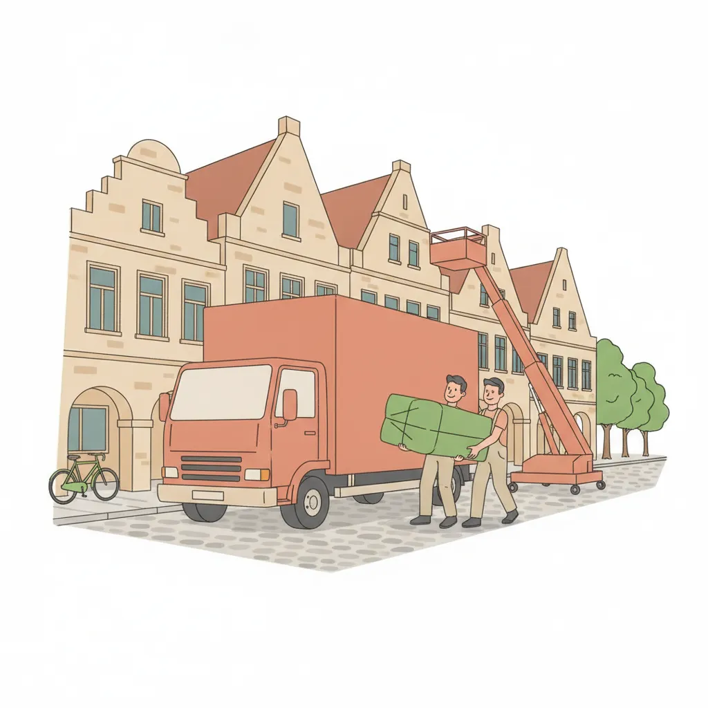 Comic-Illustration: ein größerer Umzugs-Lkw steht vor einem Münsteraner Giebelhaus am Prinzipalmarkt, zwei Helfer tragen einen Schrank über die Arkaden, eine Leeze lehnt an der Hauswand – Möbelspedition Münster