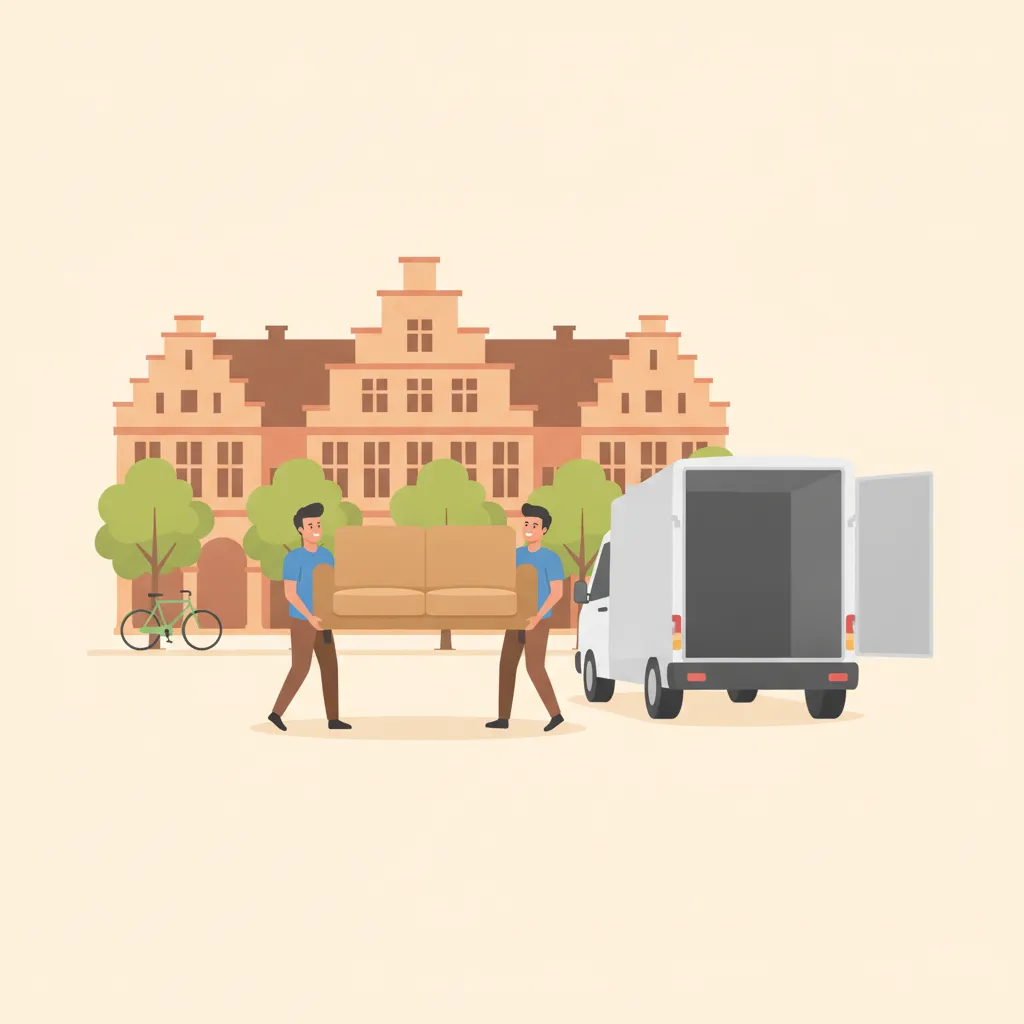 Comic-Illustration: zwei Träger tragen ein einzelnes Sofa zu einem geschlossenen Kastenwagen vor einem Münsteraner Altbau, im Hintergrund die Giebel-Arkaden des Prinzipalmarkts und eine Leeze – Möbeltaxi in Münster