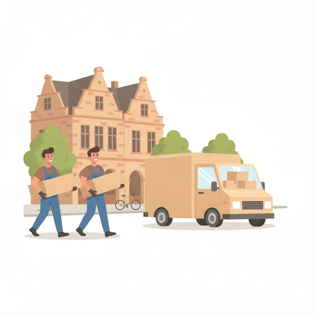 Comic-Illustration: zwei Träger laden lange flache Flatpack-Möbelkartons in einen geschlossenen Kastenwagen vor einem Münsteraner Altbau, im Hintergrund die Giebel-Arkaden des Prinzipalmarkts und eine Leeze – Möbeltransport von IKEA in Münster