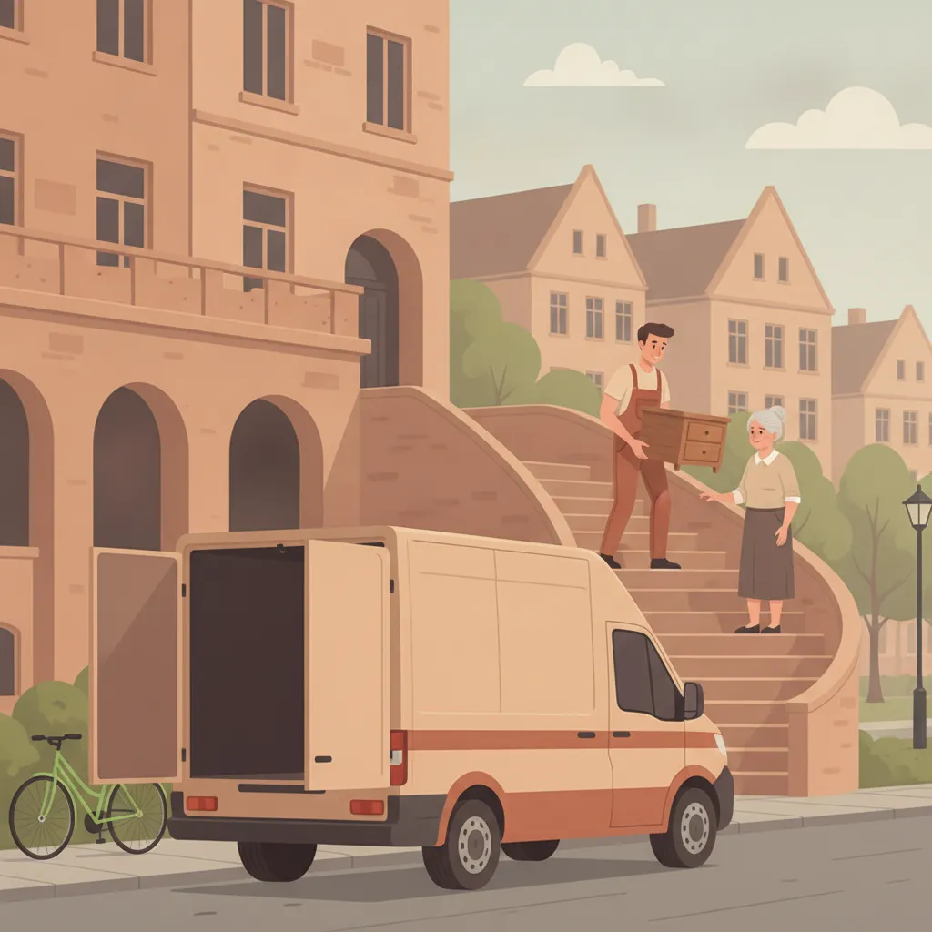 Comic-Illustration: zwei einfühlsame Umzugshelfer tragen behutsam eine Kommode aus einem Münsteraner Gründerzeit-Altbau, eine ältere Dame schaut ruhig zu, im Hintergrund Giebelhäuser und Promenade-Bäume – Seniorenumzug Münster