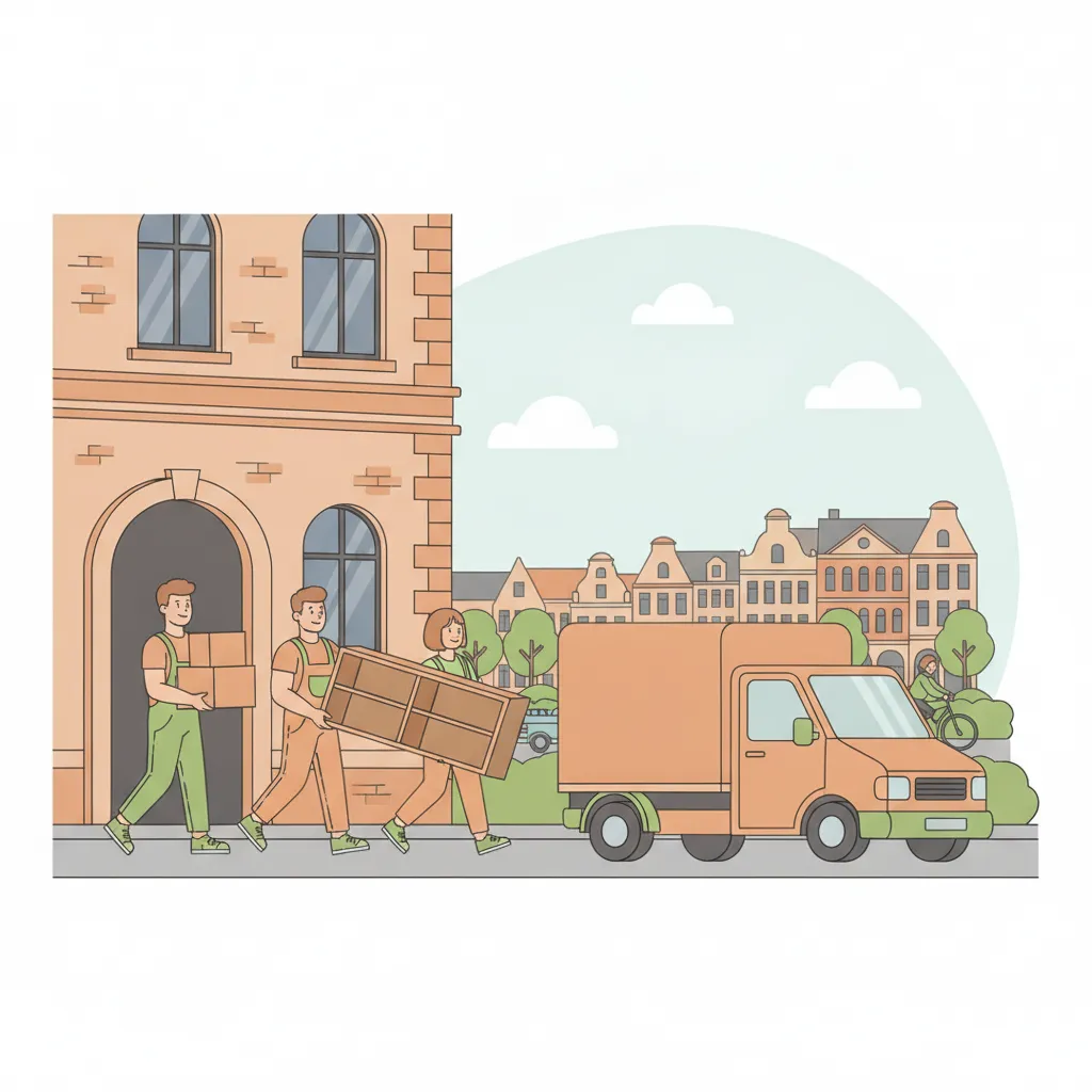 Comic-Illustration: drei junge Umzugshelfer tragen Umzugskartons und ein Bücherregal aus einem Münsteraner Gründerzeit-Altbau zu einem geschlossenen Kastenwagen, im Hintergrund die Promenade mit einer Radfahrerin auf ihrer Leeze und die Giebel-Arkaden des Prinzipalmarkts – studentische Umzugshelfer in Münster