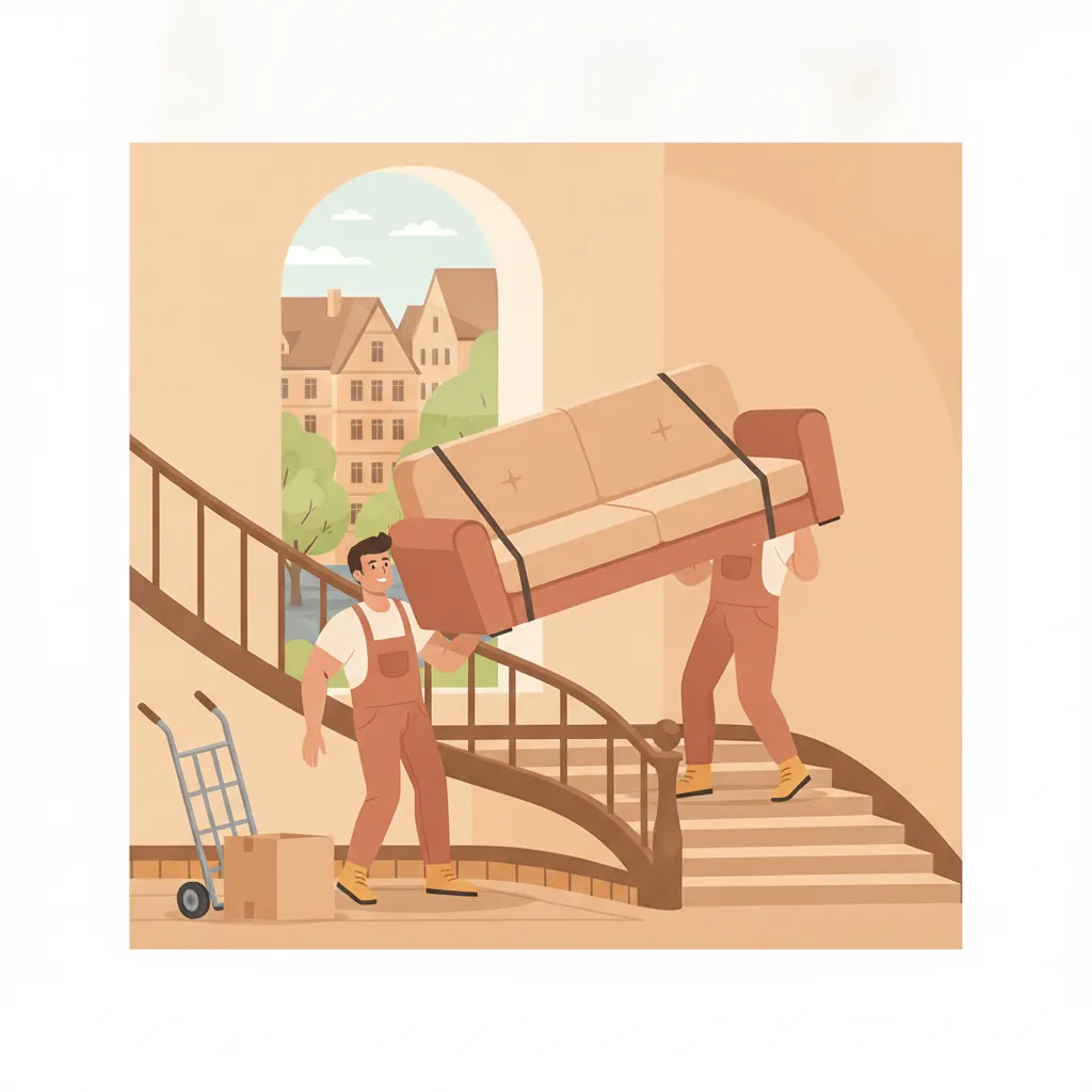 Comic-Illustration: zwei kräftige Umzugshelfer mit Tragegurten heben gemeinsam ein Sofa eine Treppe in einem Münsteraner Altbau hoch, durchs Fenster Giebel und Promenade-Bäume – Tragehilfe Münster