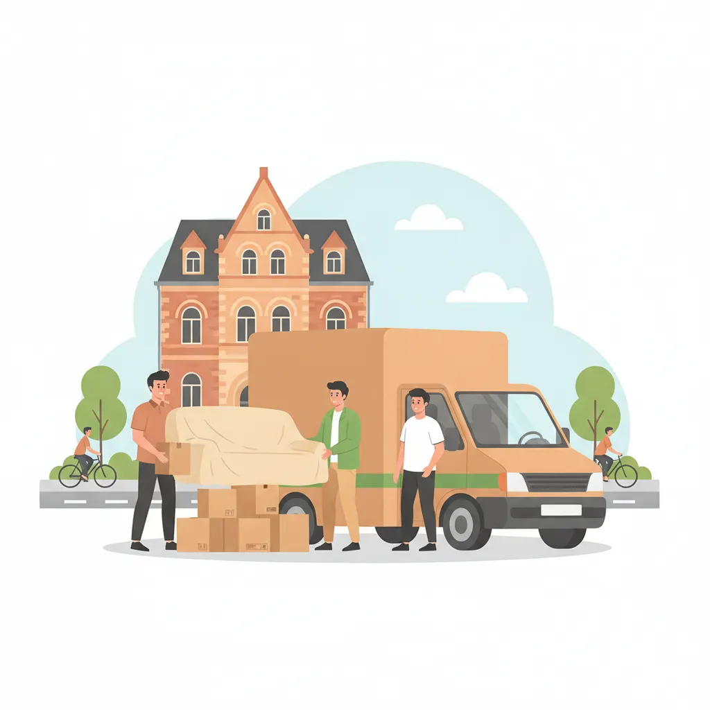 Comic-Illustration: ein Fahrer und ein Helfer verladen gemeinsam Umzugskartons und ein Sofa in einen geschlossenen Kastenwagen vor einem Münsteraner Gründerzeit-Altbau, im Hintergrund die grüne Promenade mit Radfahrern – Transporter mit Fahrer mieten in Münster