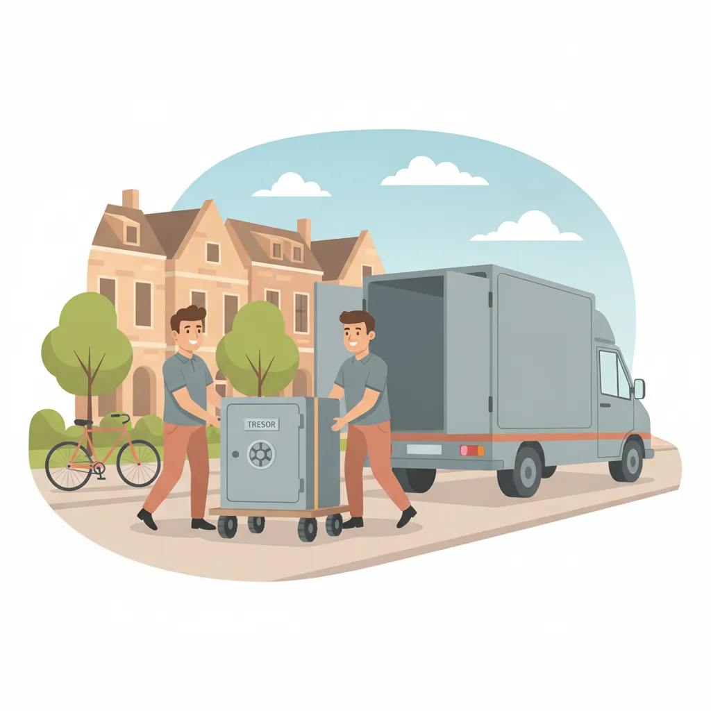 Comic-Illustration: zwei Träger bewegen einen schweren Tresor auf einem Schwerlast-Rollwagen zum Transporter vor einem Münsteraner Giebelhaus mit Arkaden, eine Leeze am Bordstein – Tresortransport Münster