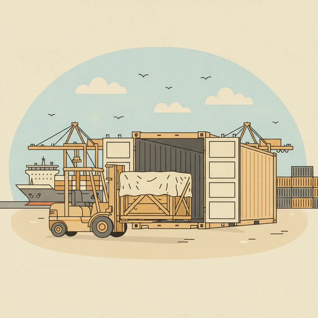 Comic-Illustration: ein verplombter Seefracht-Container wird im Hafen mit Hausrat in seetauglichen Holzkisten beladen, dahinter ein Containerschiff am Kai und Kräne unter blauem Himmel – Überseeumzug per Seefracht ab Münster