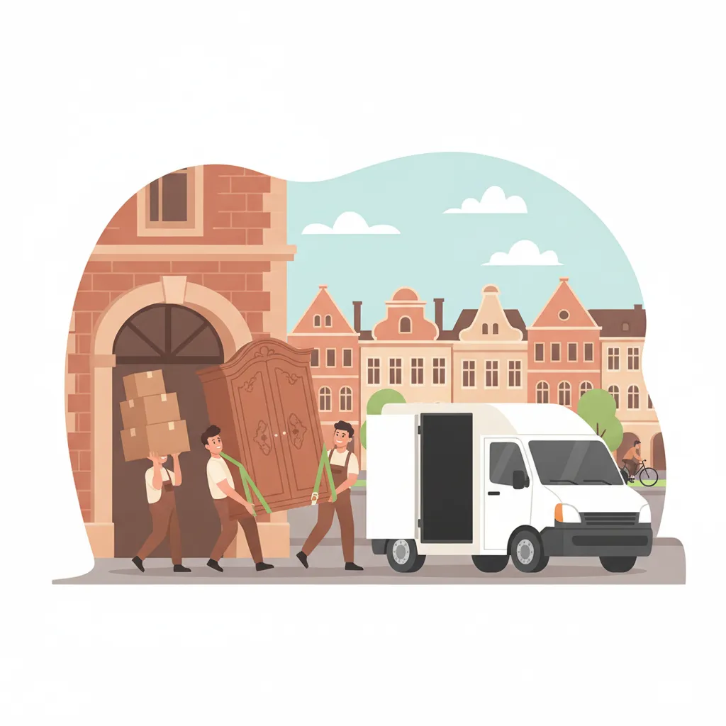 Comic-Illustration: drei Umzugshelfer tragen Kartons und einen Schrank aus einem Münsteraner Gründerzeit-Altbau zu einem geschlossenen Kastenwagen, im Hintergrund die Giebel-Arkaden des Prinzipalmarkts und ein Radfahrer auf der Promenade – Umzugshelfer in Münster