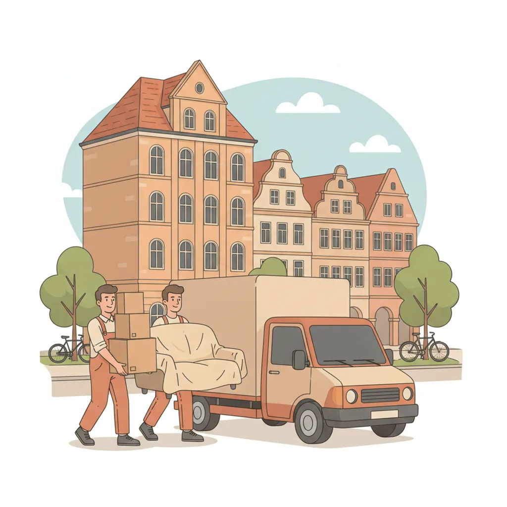 Comic-Illustration: zwei Träger verladen gepolsterte Umzugskartons und ein Sofa in einen geschlossenen Kastenwagen vor einem Münsteraner Gründerzeit-Altbau, im Hintergrund die Giebelhäuser des Prinzipalmarkts und Fahrräder an der Promenade – Umzugsunternehmen in Münster