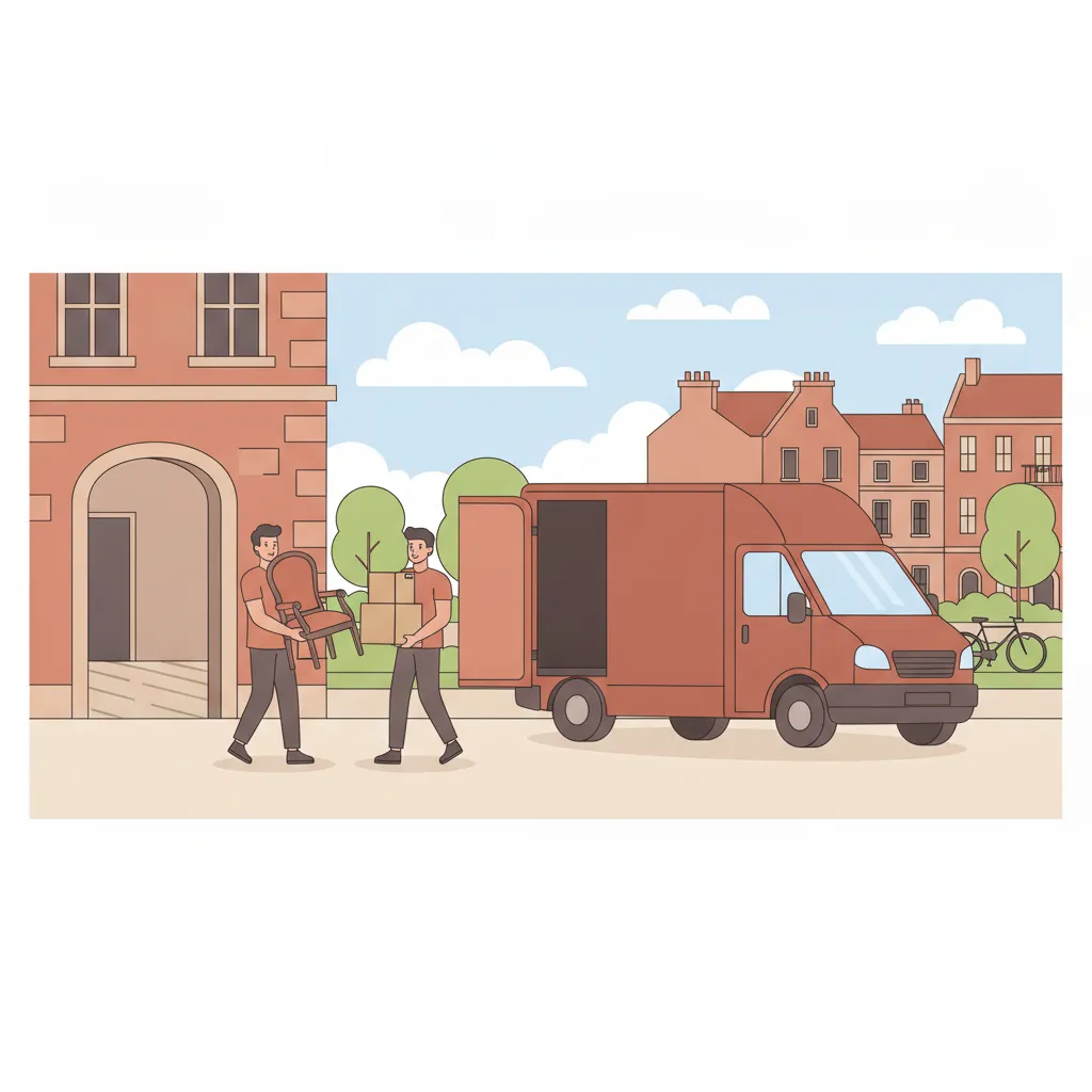 Comic-Illustration: zwei Helfer tragen Möbel und Kartons aus einem Münsteraner Gründerzeit-Altbau zu einem Transporter, im Hintergrund Giebelhäuser mit Arkaden und Promenade-Bäume – Wohnungsauflösung Münster