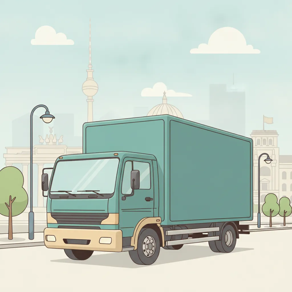 Comic-Illustration: geschlossener Umzugstransporter erreicht Berlin – Beiladung von Münster nach Berlin