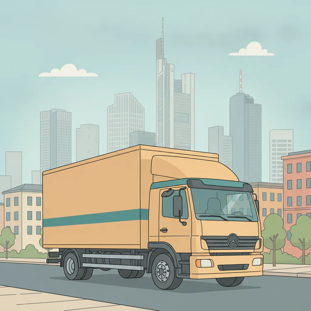 Comic-Illustration: geschlossener Umzugstransporter erreicht Frankfurt – Beiladung von Münster nach Frankfurt