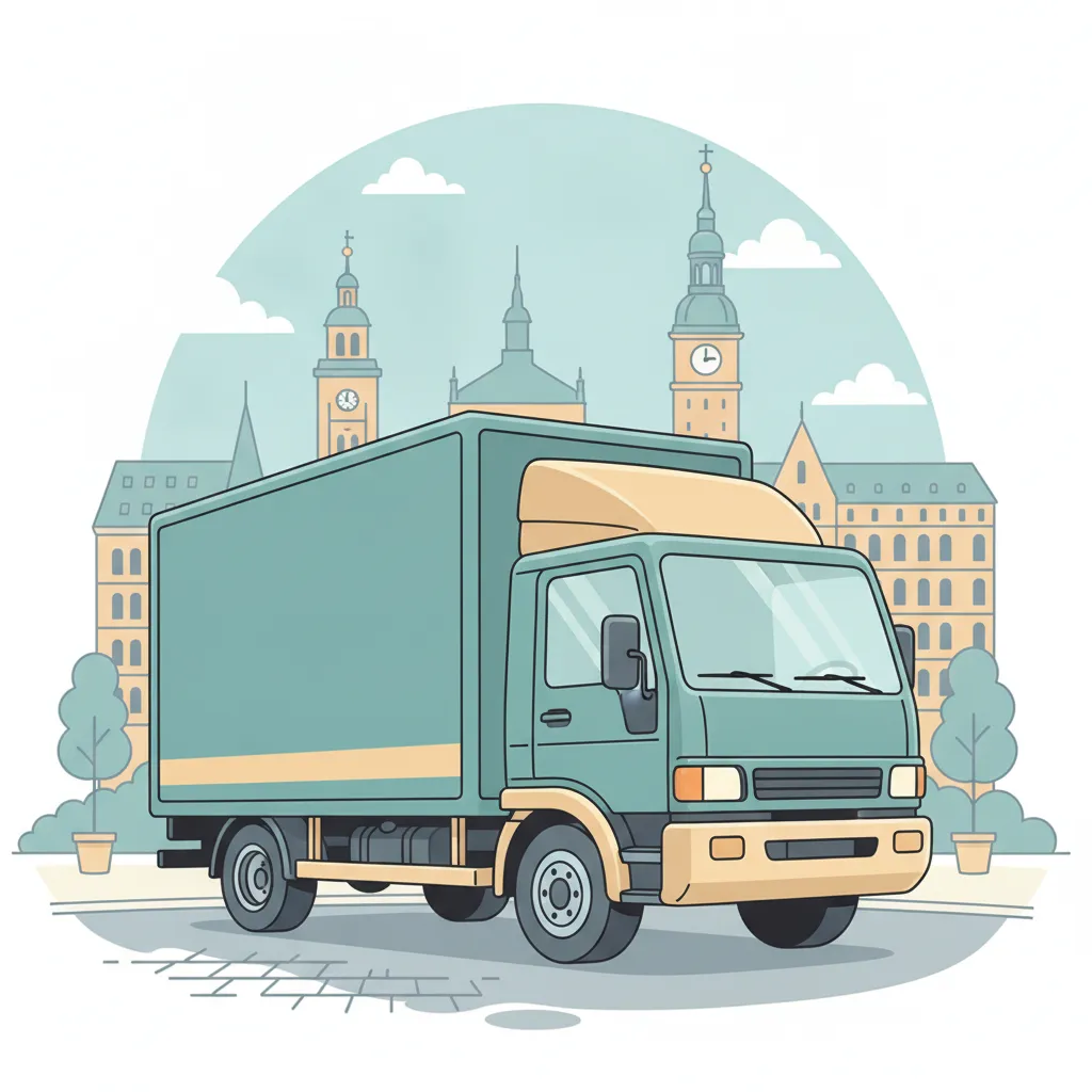 Comic-Illustration: geschlossener Umzugstransporter erreicht Hamburg – Beiladung von Münster nach Hamburg