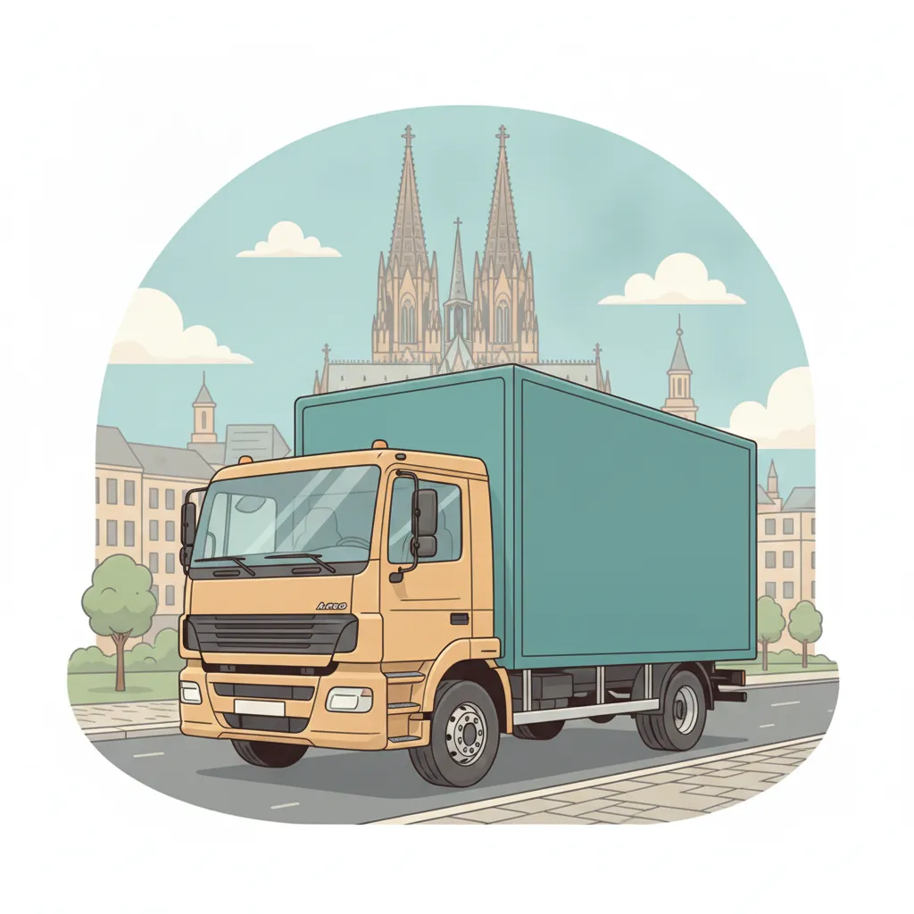 Comic-Illustration: geschlossener Umzugstransporter erreicht Köln – Beiladung von Münster nach Köln