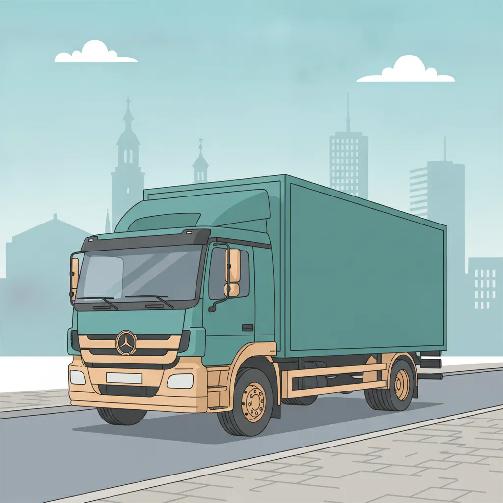 Comic-Illustration: geschlossener Umzugstransporter erreicht Leipzig – Beiladung von Münster nach Leipzig