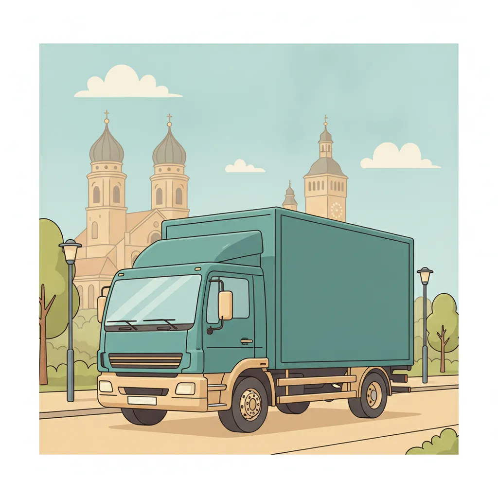 Comic-Illustration: geschlossener Umzugstransporter erreicht München – Beiladung von Münster nach München